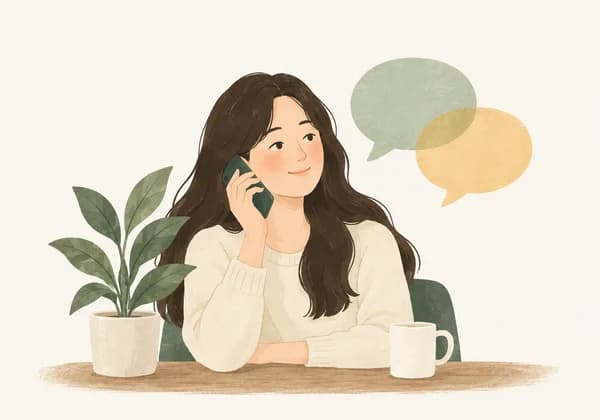 편안한 공간에서 전화로 대화하는 사람
